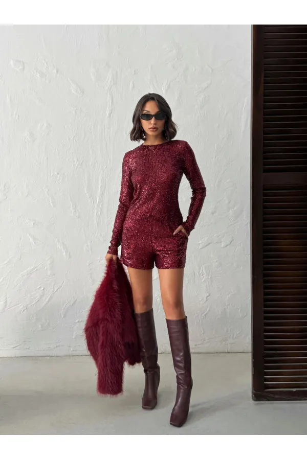 Chemisier à manches longues brodé de sequins scintillants Topshow pour femme - MARRON | F1866