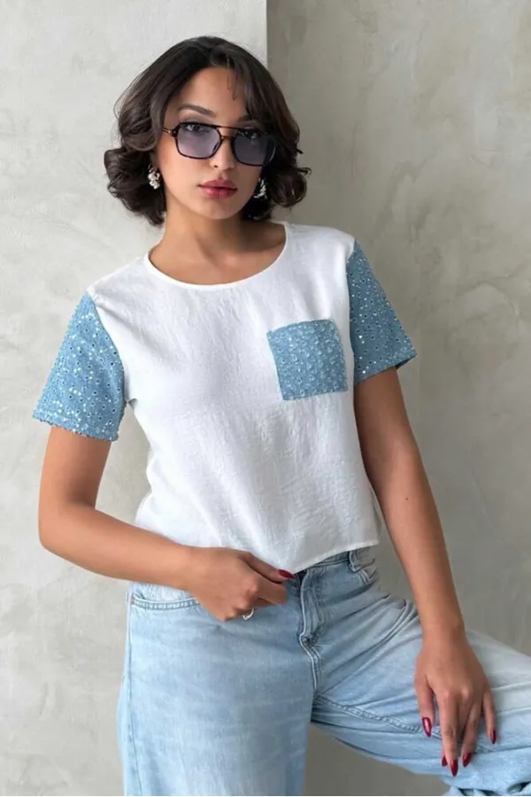 Kot Detaylı Toptan T-Shirt - Krem Mavi | Topshow