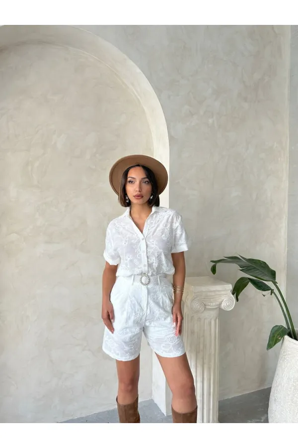 Nakışlı Vual Şort - Krem Topshow