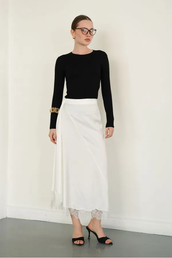 Dantel Detaylı Saten Toptan Etek - Krem | D2930 - Topshow