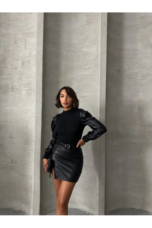 Blouse en maille avec détails en cuir - Noire | TOPSHOW | F1111