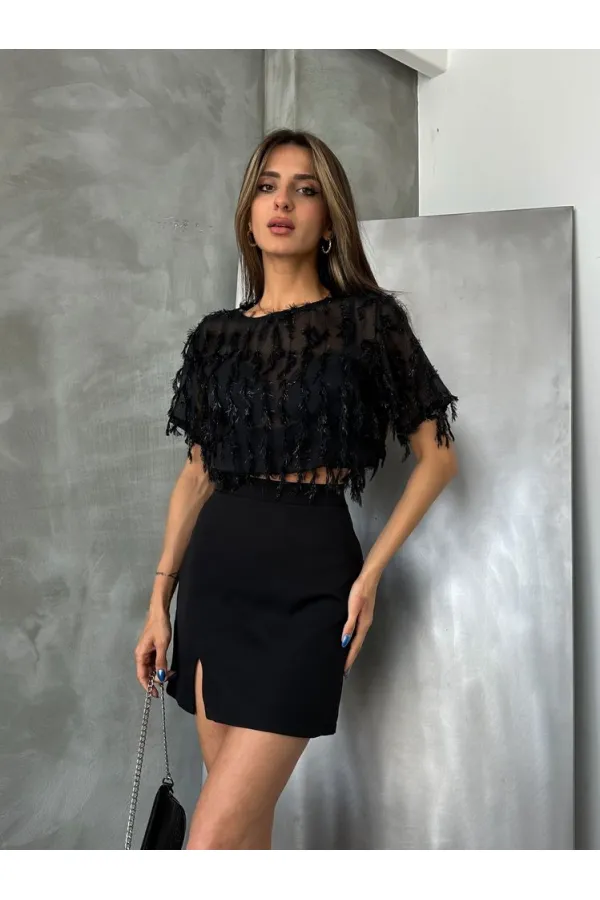 Topshow Siyah Simli Saçaklı Toptan Bluz
