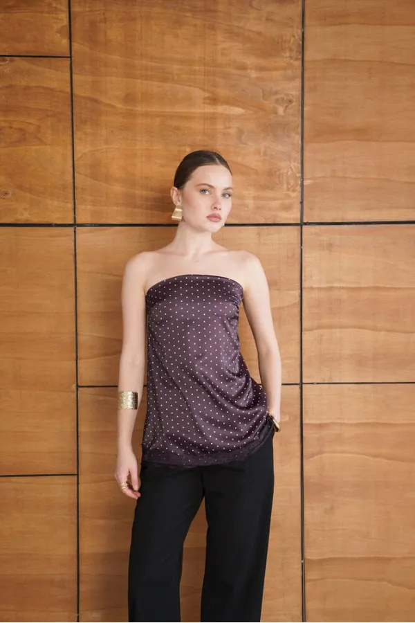 Bustier en satin à pois et détails en dentelle - Café | D2963 - Topshow