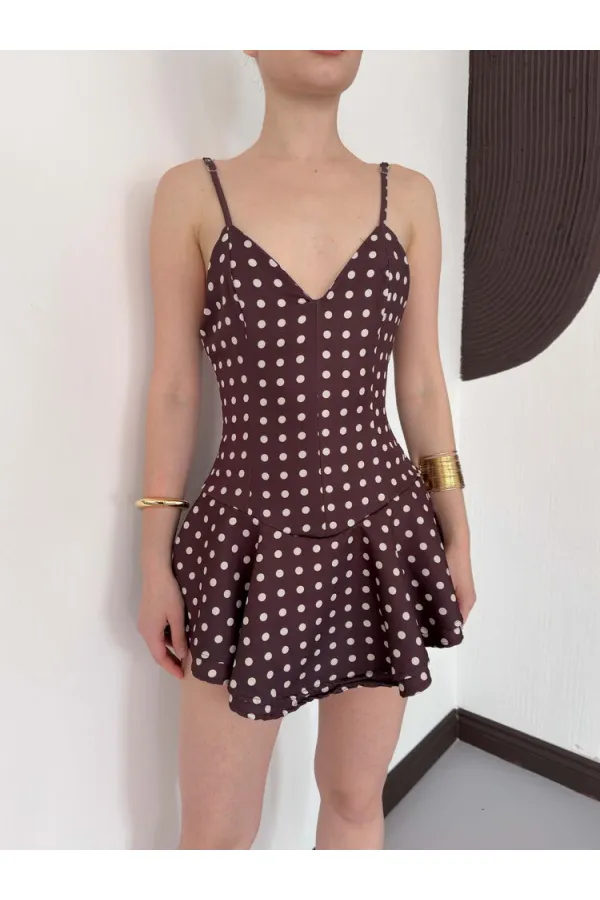 D3003  PUANTİYELİ ASKILI MİNİ ELBİSE - KAHVE TAŞ