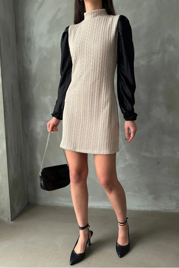 Leather Sleeved Turtleneck Knee-Length Wholesale Dress - Stone | TOPSHOW | F1143