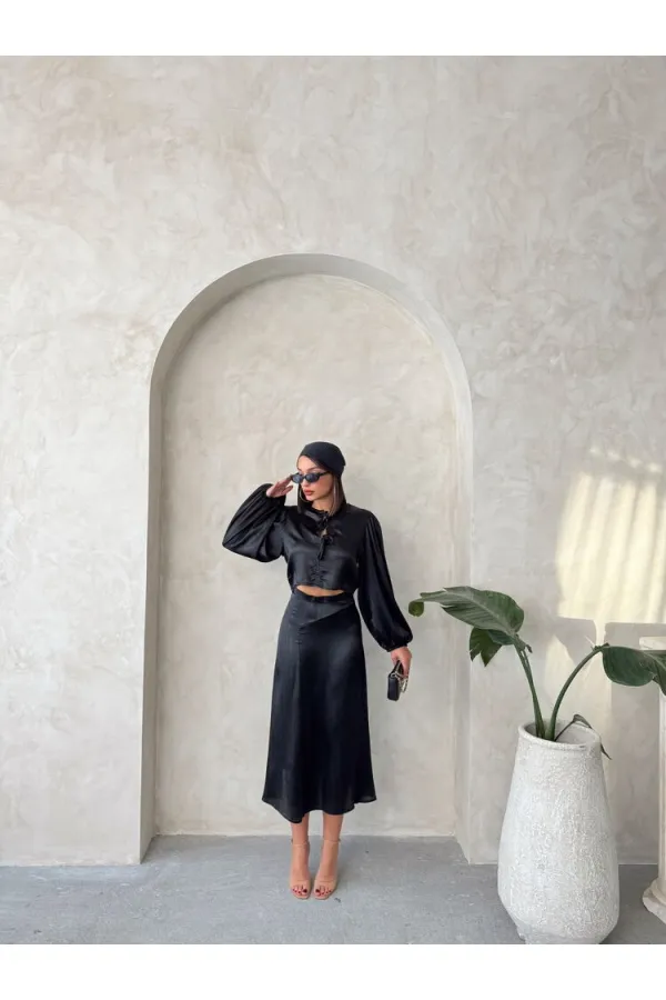 Kraşlı Saten Toptan Etek - Siyah | Topshow | F1915