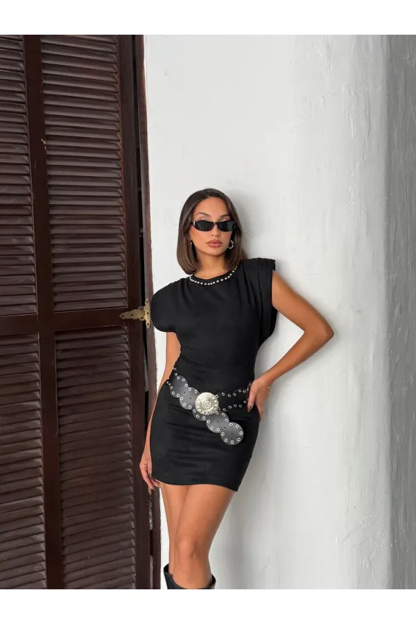 Topshow Drop Belted Scuba Suede Dress - Black | F2028