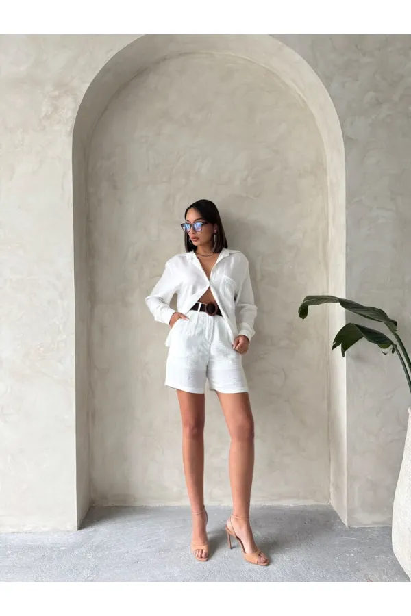 TOPSHOW Krem Kemerli Toptan Şort