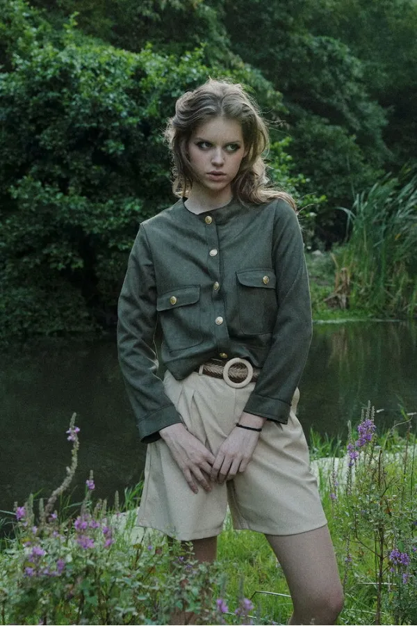 Veste en daim à poches en gros - Kaki | TOPSHOW | F1800