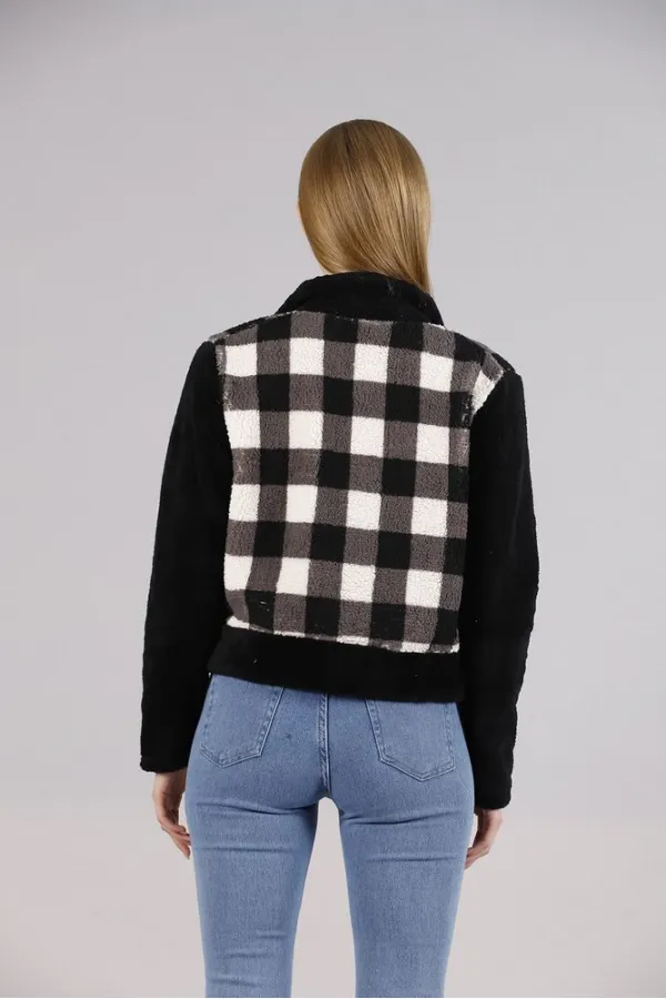 Manteau polaire à boutons-pression en gros - Carreaux noirs | TOPSHOW | F1133