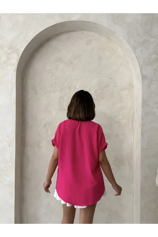 Topshow Fuşya Keten Ham Cep Aplik Cepli Keten Toptan Gömlek