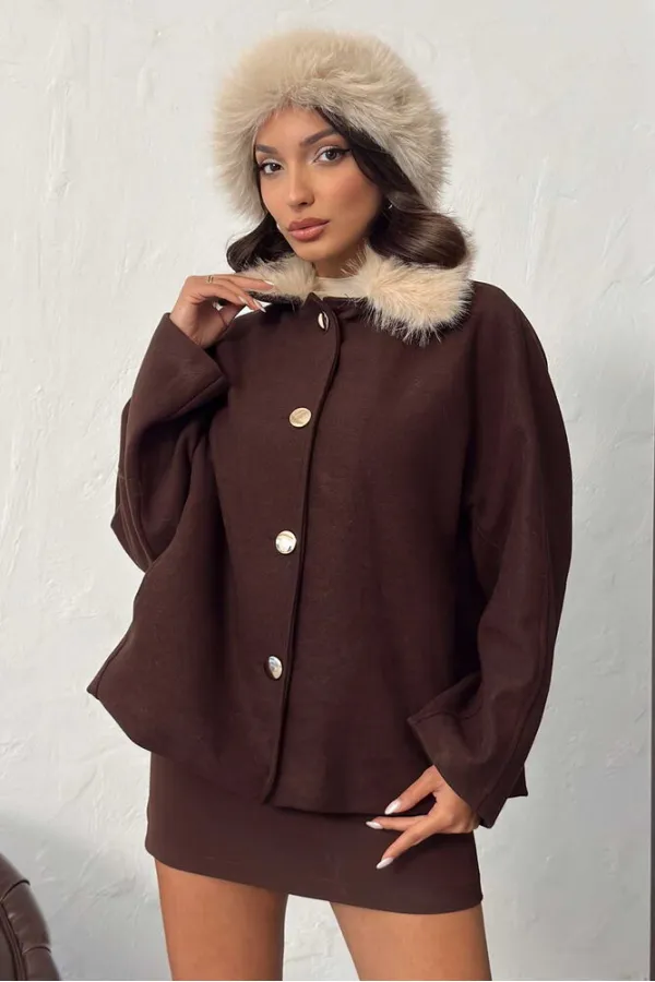 Topshow Peluş Yakalı Dügmeli Kaşe Mont - Kahve | F2048