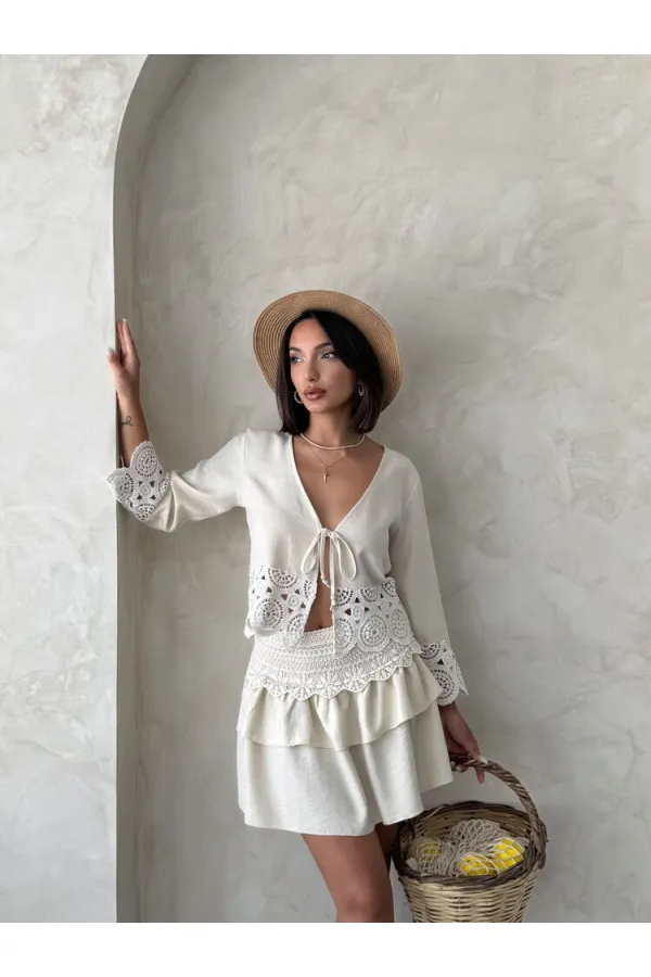 Guipure Detailed Skirt - Stone | Topshow