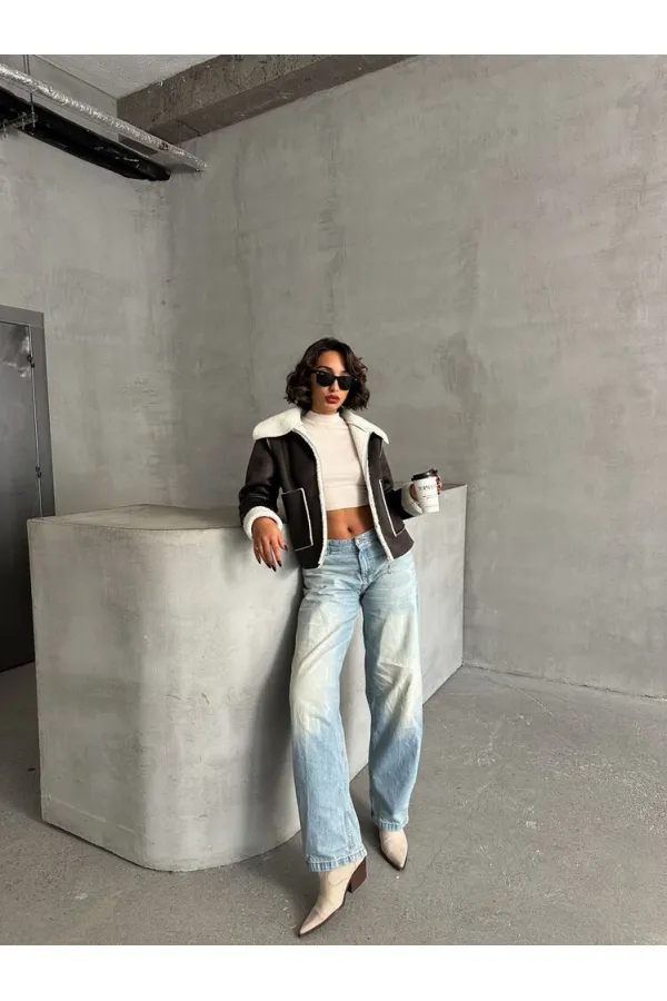 Süet Peluş Toptan Mont - Haki Krem | TOPSHOW | F1856