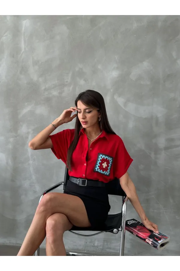 Topshow Kırmızı  Çiçek Cepli Toptan Gömlek