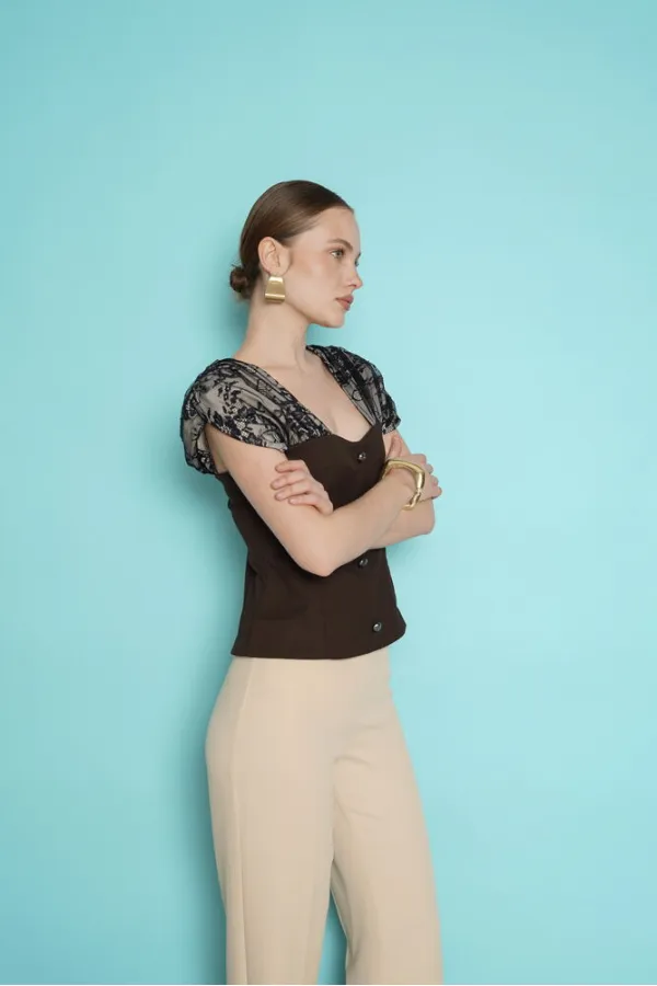 Boat Neck Blouse with Shoulder Lace Detail - Coffee | D2994 - Topshow