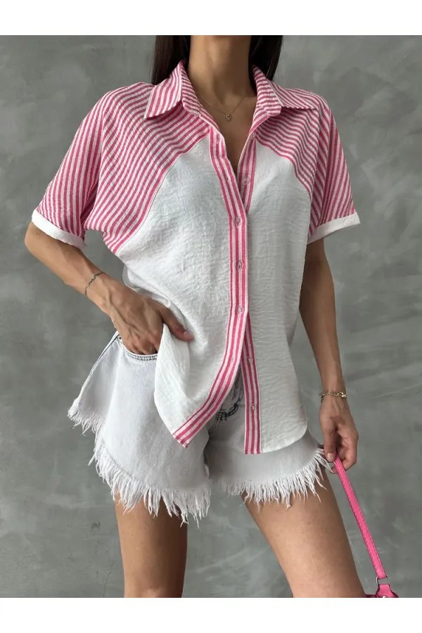 Topshow Fuchsia Stripe Detailed Low Sleeve Wholesale Shirt
