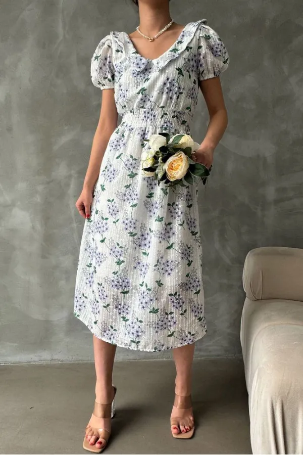 Topshow Purple Embroidery Detailed Patterned Wholesale Dress