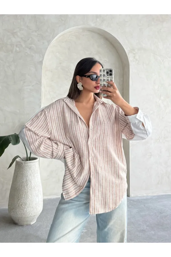 Çizgili Keten Gömlek - Kahve | Topshow | F1917
