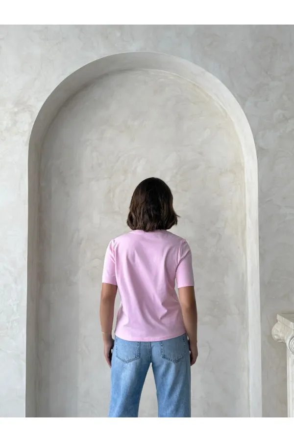 Çiçek Detaylı Tişört - Pembe | Topshow