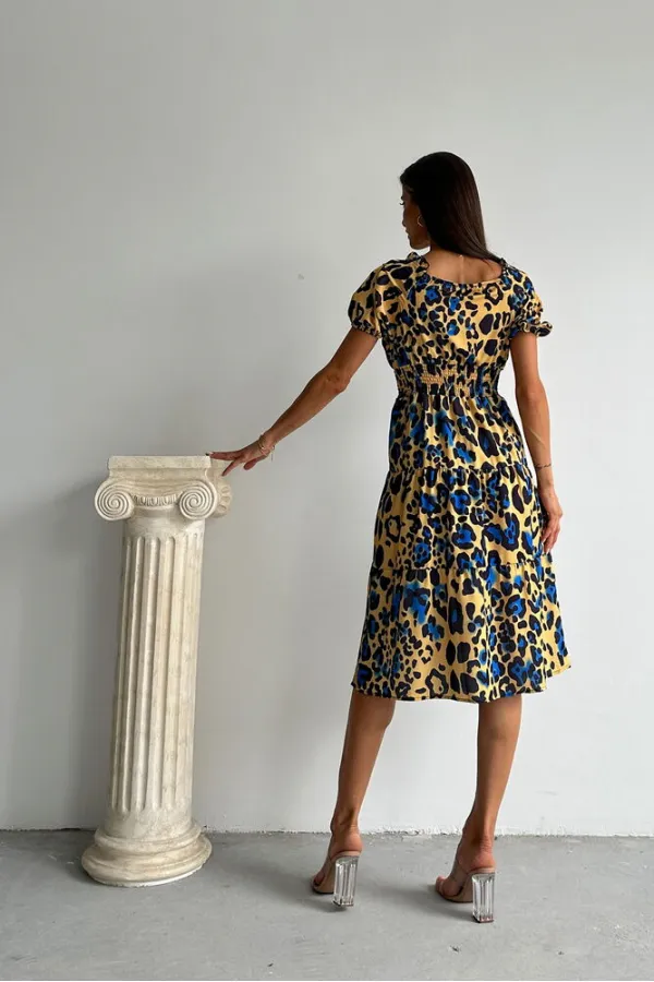 Topshow Leopard Saxe Patterned Long Wholesale Dress