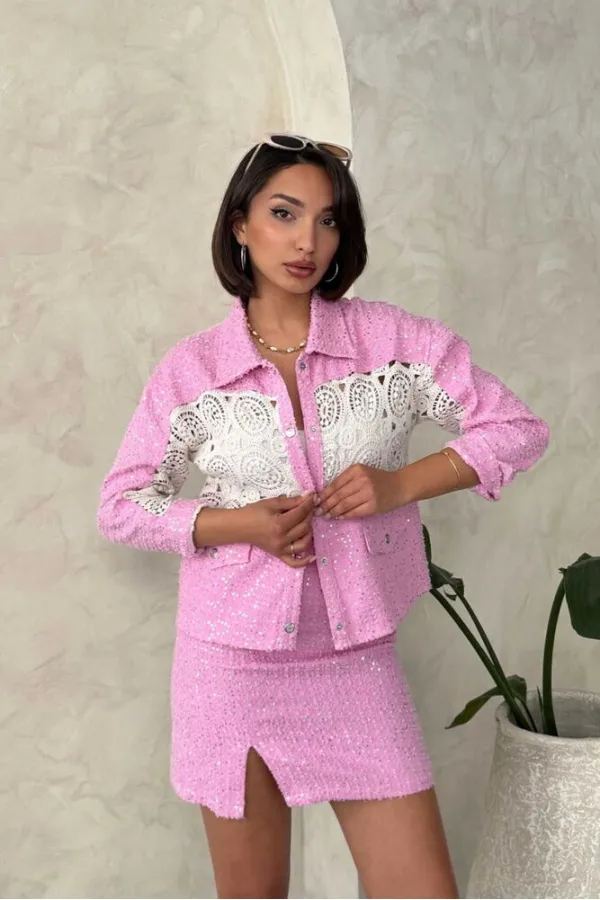 Veste en jean rose à détails en dentelle - Topshow | F1758