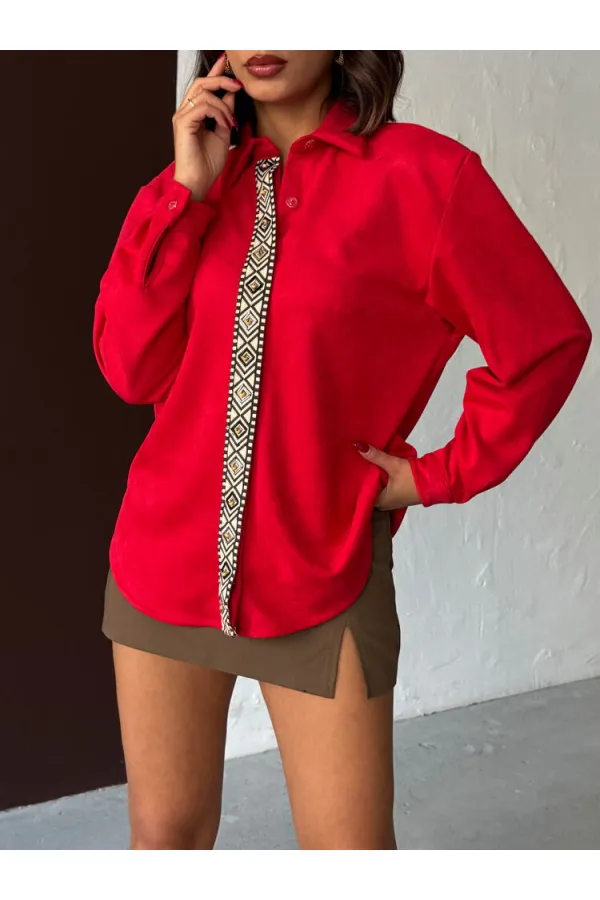 Topshow Striped Detail Scuba Suede Wholesale Shirt - Red | F1973