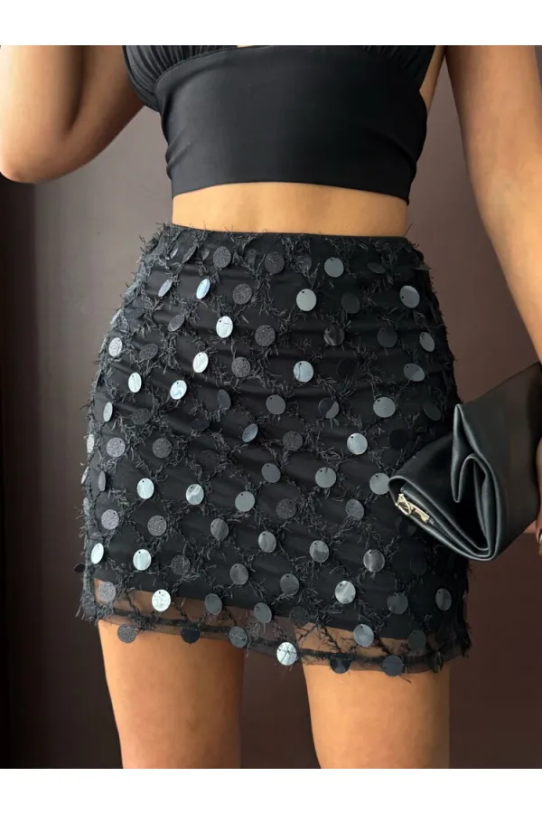 Topshow Pul Detaylı Abiye Mini Etek - Siyah | F2011