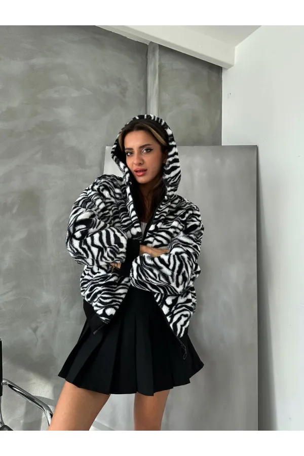 Bakılı Peluj Toptan Mont - Siyah Zebra | TOPSHOW | F1650