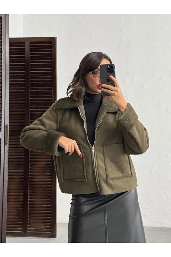 Topshow Süet Tavşan Lamine Toptan Mont - Haki | F2027
