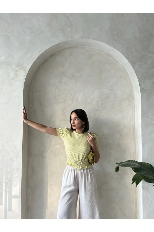 Topshow Fıstık Yeşili Beli Gipeli Pitikareli Toptan Bluz