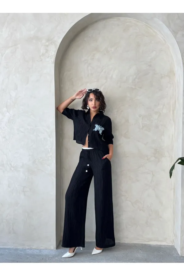 Kelebek Detaylı Plise Toptan Gömlek - Siyah | Topshow