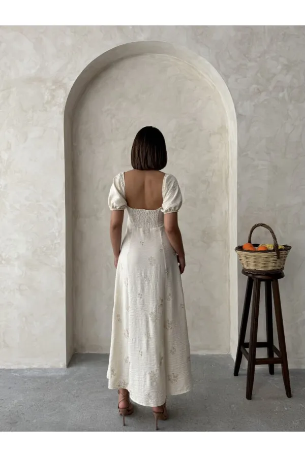 Nakışlı Keten Toptan Elbise - Taş | Topshow
