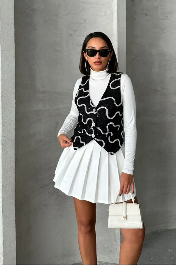 Nakışlı Toptan Yelek - Siyah | TOPSHOW | F1751