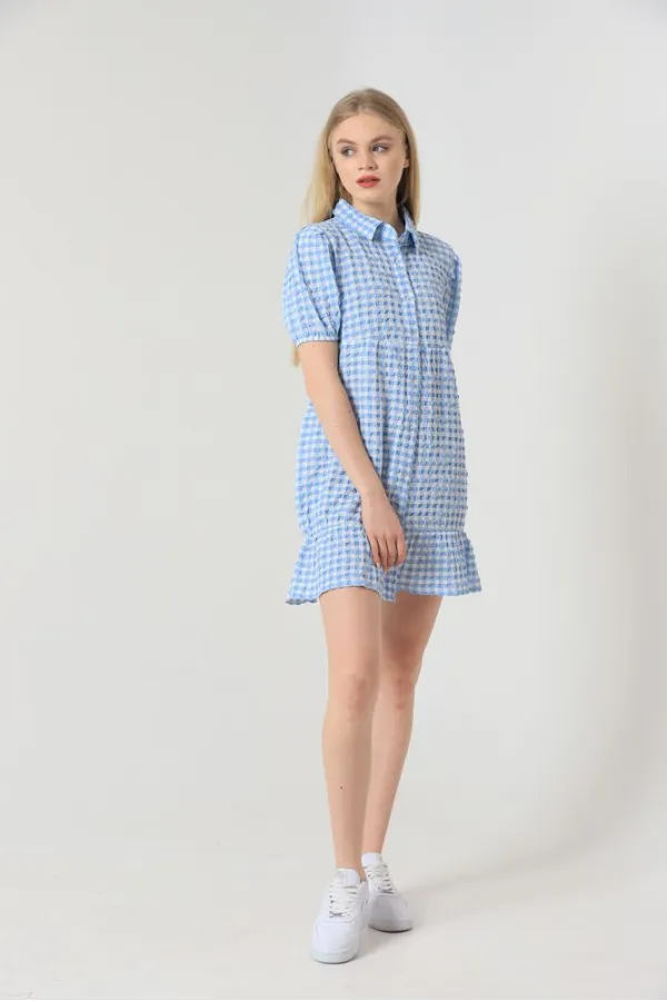 Chemise bleue Topshow en gros, col boutonné, robe en gros