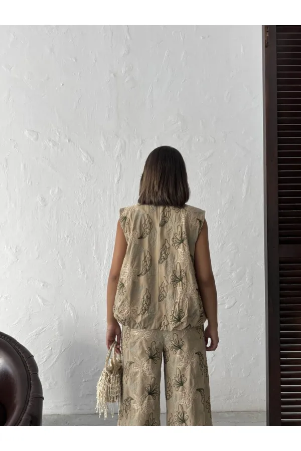Topshow Embroidered Linen Zippered Wholesale Vest - Coffee | F2007