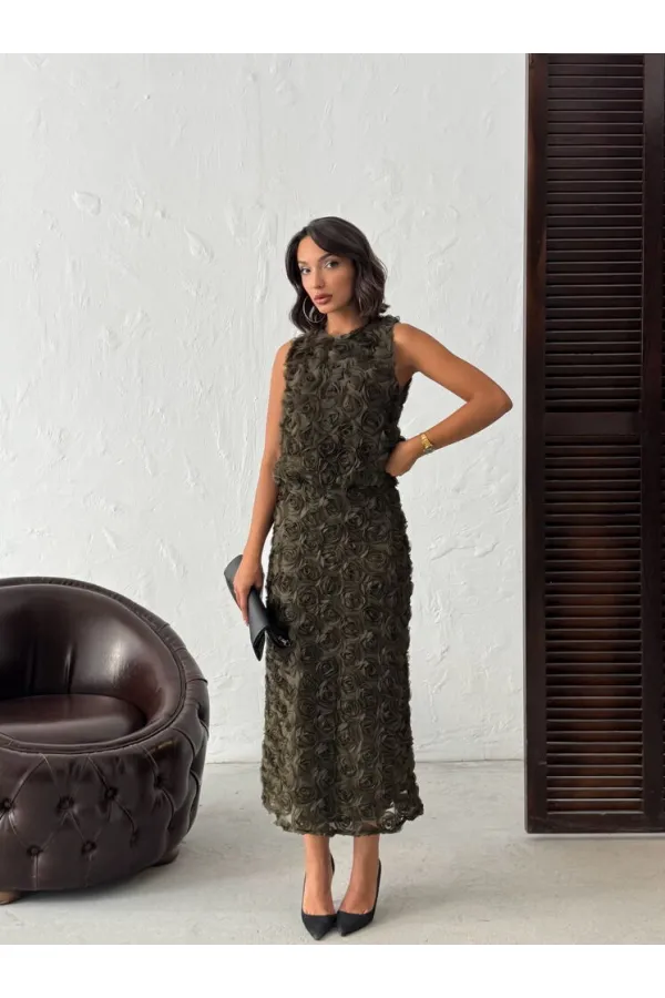 Topshow - Toptan Gül Süzüneli Etek - Haki