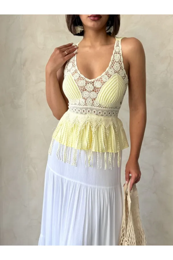 Güpür Detaylı Askılı Toptan Bluz   Sarı | Topshow