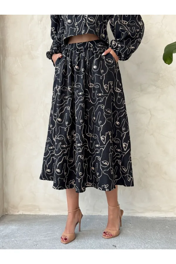 Nakışlı Toptan Etek - Siyah | Topshow | F1901