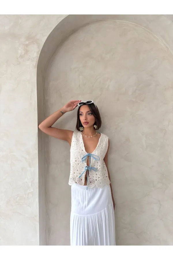 Kot Detaylı Önden Baglamalı Dantel Toptan Yelek   Ham Mavi | Topshow