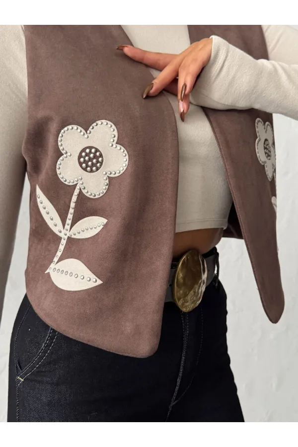 Gilet en daim scuba appliqué Topshow - Marron | F2025