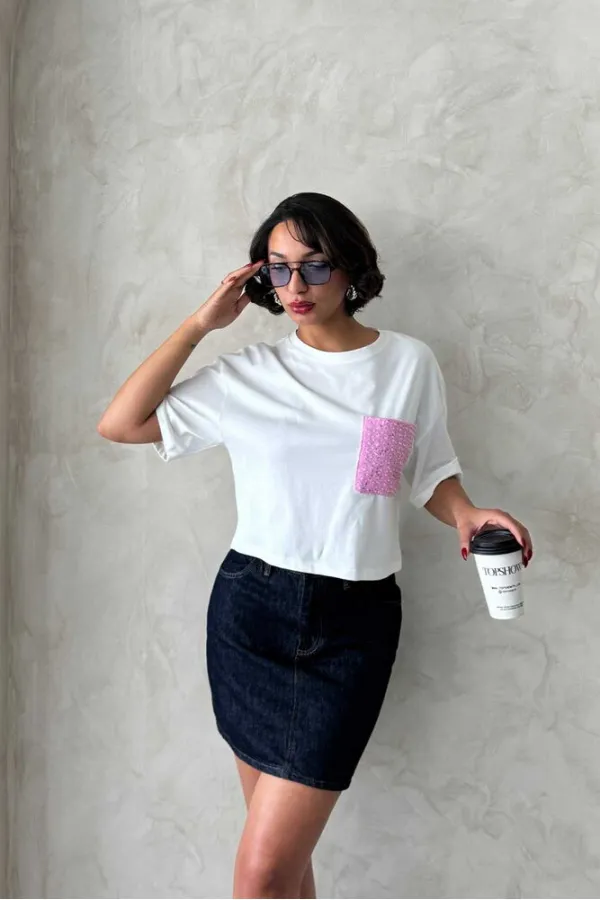 T-shirt rose avec poche, en gros | Topshow