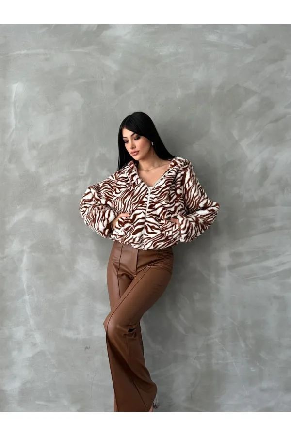 Leopar Bskılı Pejuş Toptan Mont - Taba Zebra | TOPSHOW | F1654