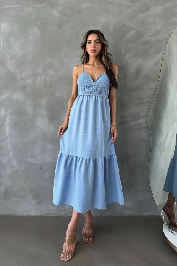 Robe longue Topshow bleue en lin à bretelles et col en V, vente en gros