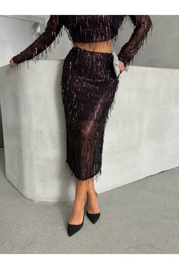 Tüy Pullu Toptan Etek - Siyah Bordo | TOPSHOW | F1621