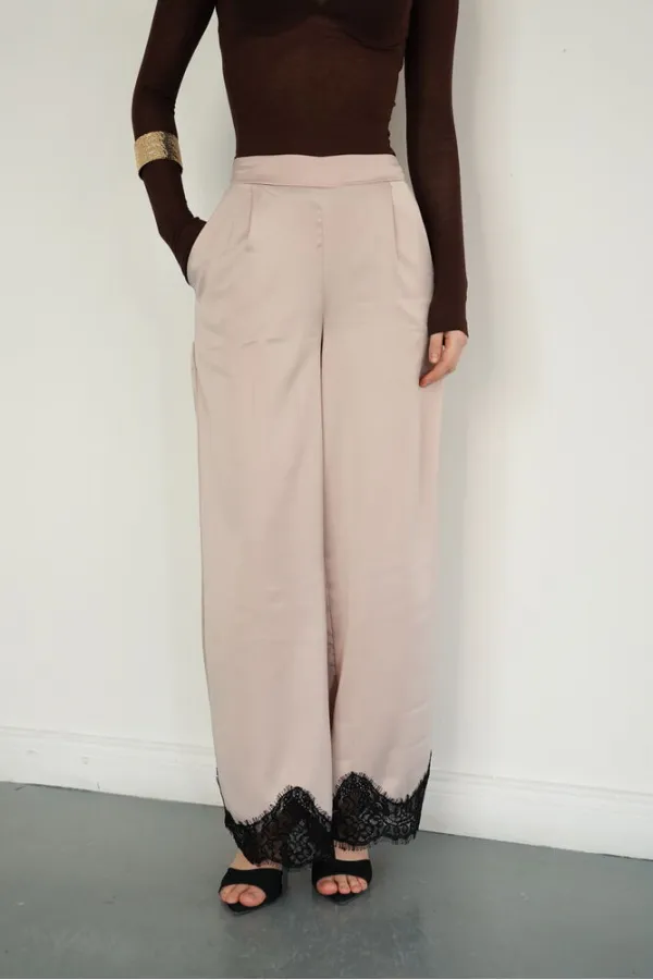 Wholesale Satin Trousers with Lace Hem - Stone | D2969 - Topshow