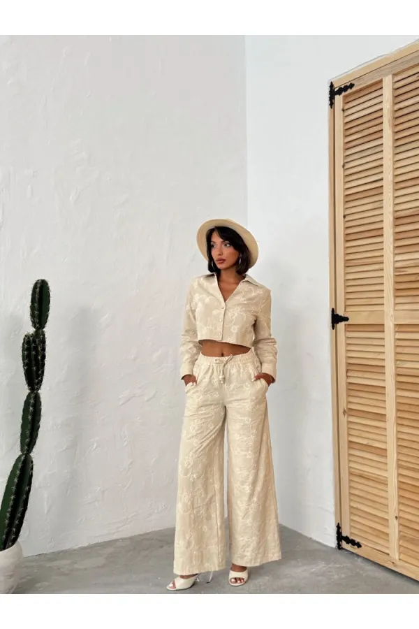 Süzüne Nakışlı Gömlek - Taş | Topshow | F1926