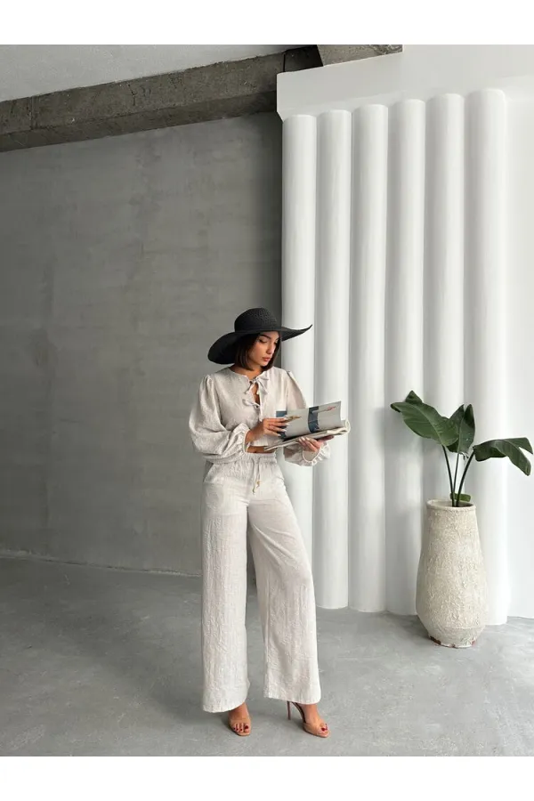 Glitter Striped Front Tie Wholesale Blouse - Stone Silver | TOPSHOW | F1804