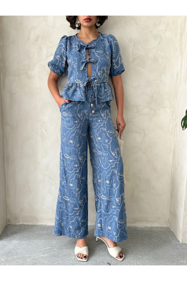 Nakışlı Toptan Pantolon - Koyu Mavi | Topshow | F1900