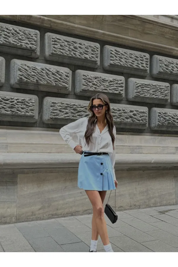 Jupe plissée bleue avec ceinture et détails - Vente en gros | TOPSHOW